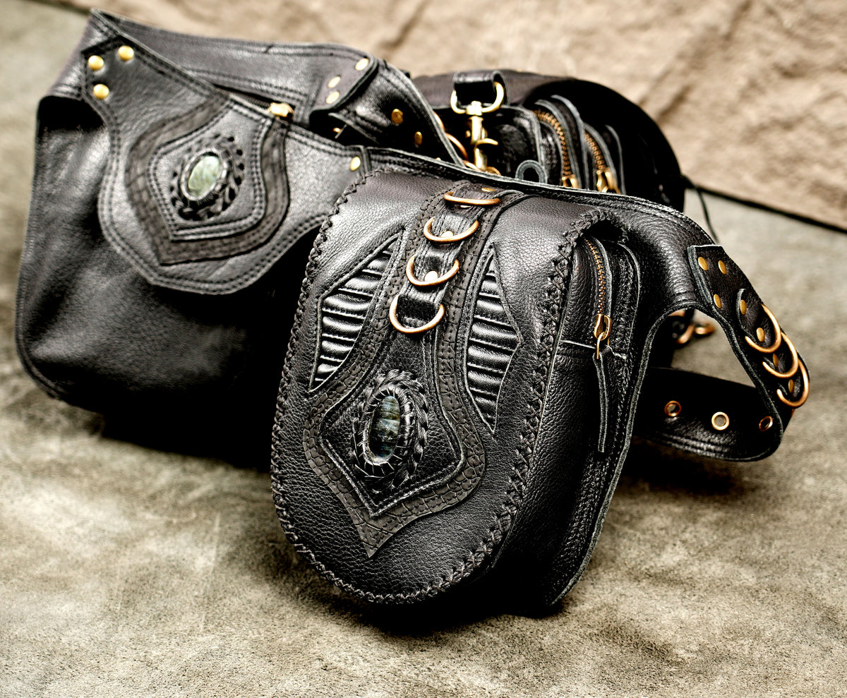 Black leather utility belt with layered pockets natural stones and brass studs