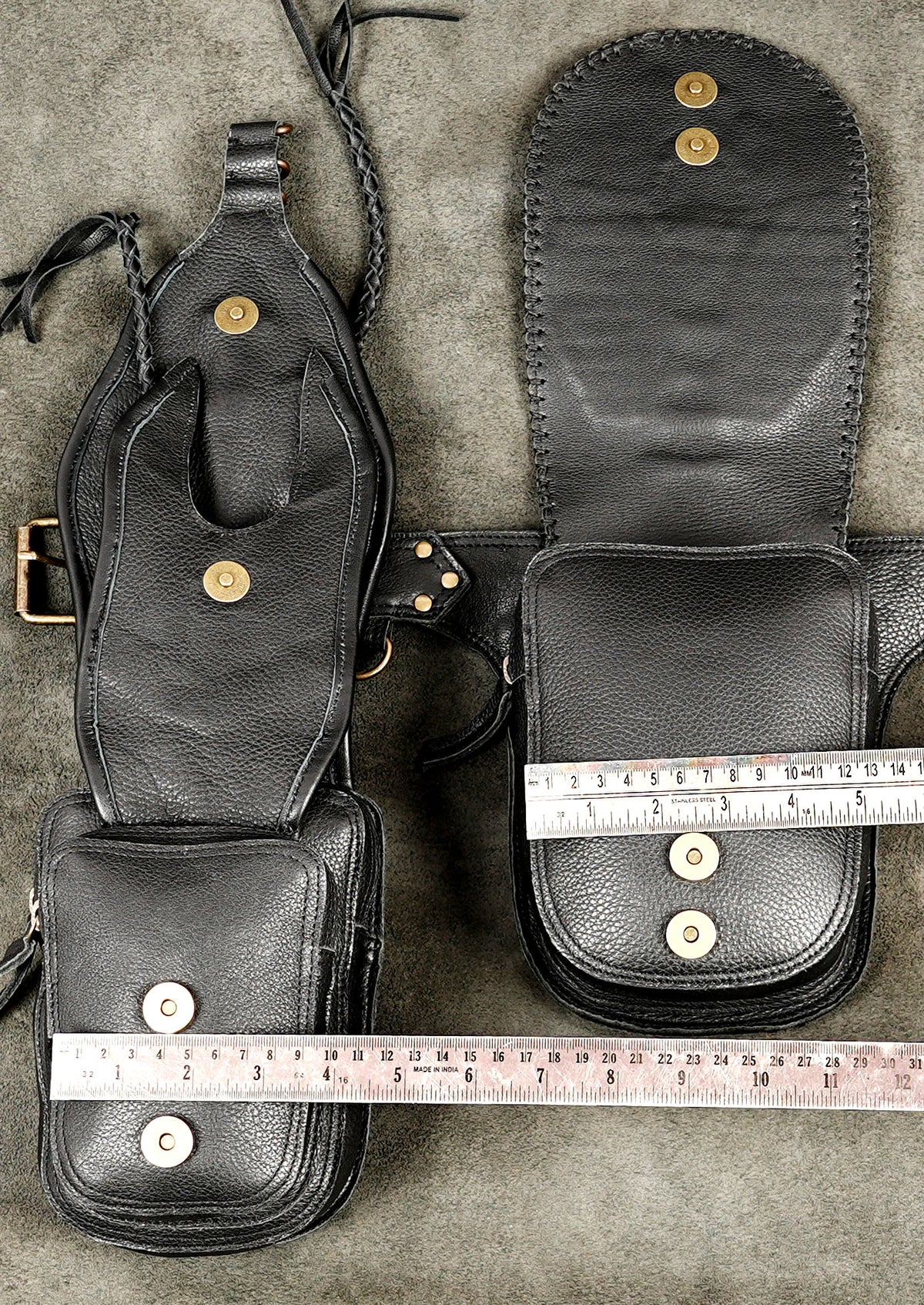Boho chic black leather festival fanny pack with brass ring accents