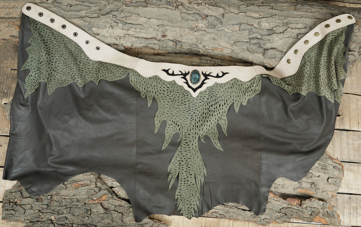 Handcrafted leather skirt with woodland antler motif