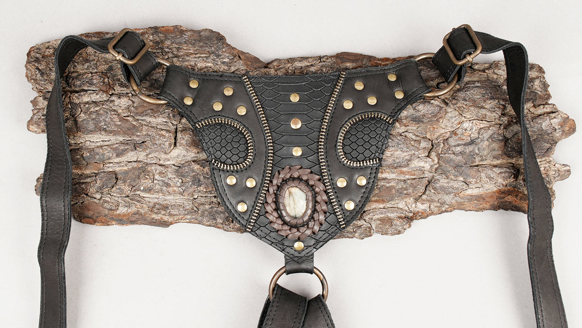 Gothic festival harness with dual leather pockets turquoise stones and adjustable buckles