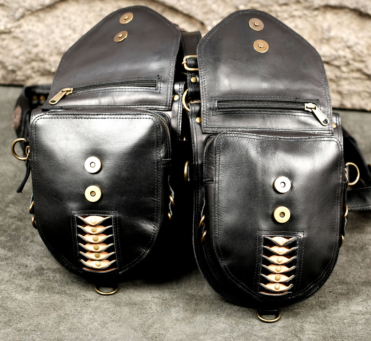 Natural Labradorite Leather Harness Bag with Ornamental Panels and Adjustable Fittings