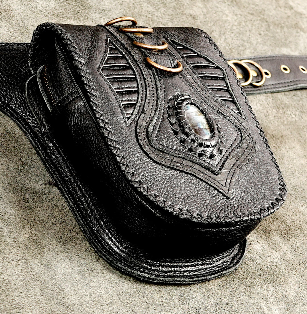 Handmade black leather hip belt for festivals with stone embellished pockets