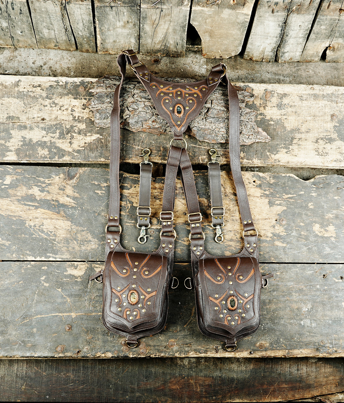 Black leather double pouch harness bag with natural labradorite stones and brass studs