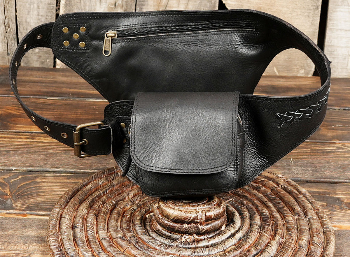 Dark leather fanny pack belt with braided center strap and metal buckle closure