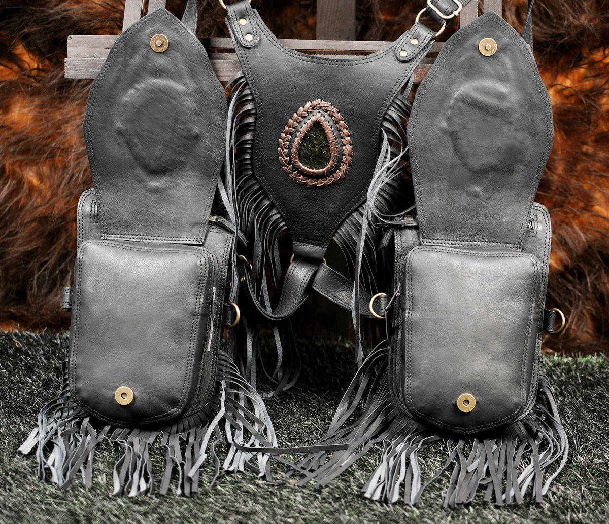 Black Leather Holster Vest Fringe Harness Bag Dual Utility Pouches Festival Body Suspender Natural Labradorite Stones