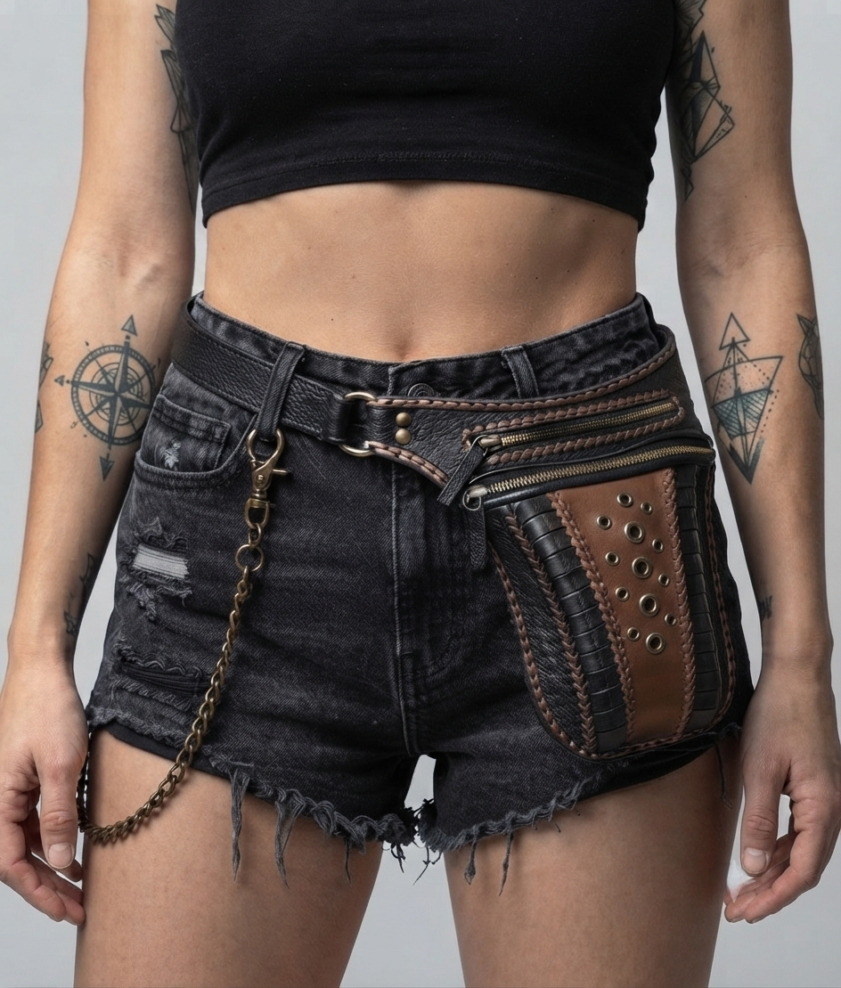 Handmade black and brown leather waist bag with zipper pockets