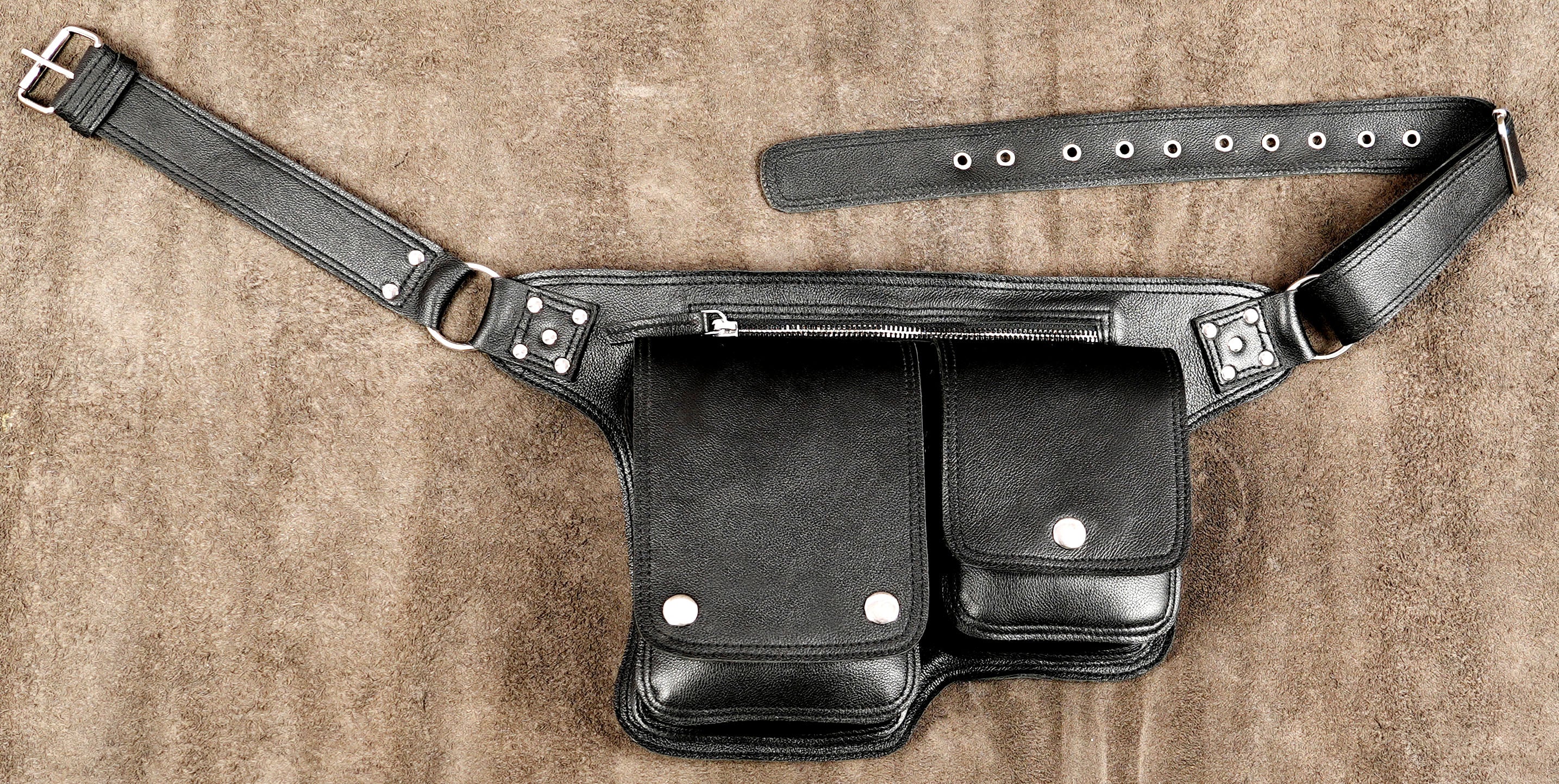 Handmade black leather fanny pack with double snap pockets