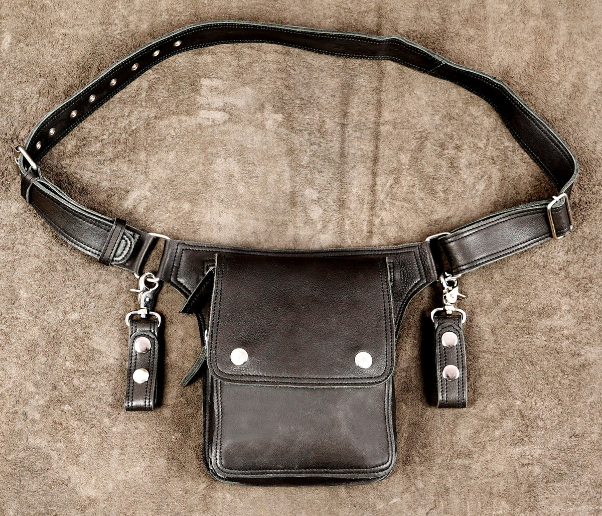 Handmade black leather belt bag with double snap pockets