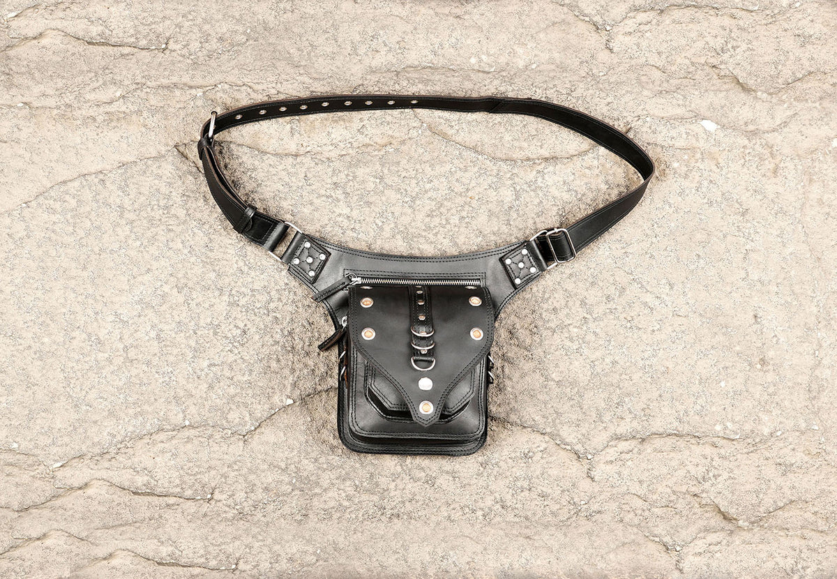 Handmade black leather belt bag with studded V design