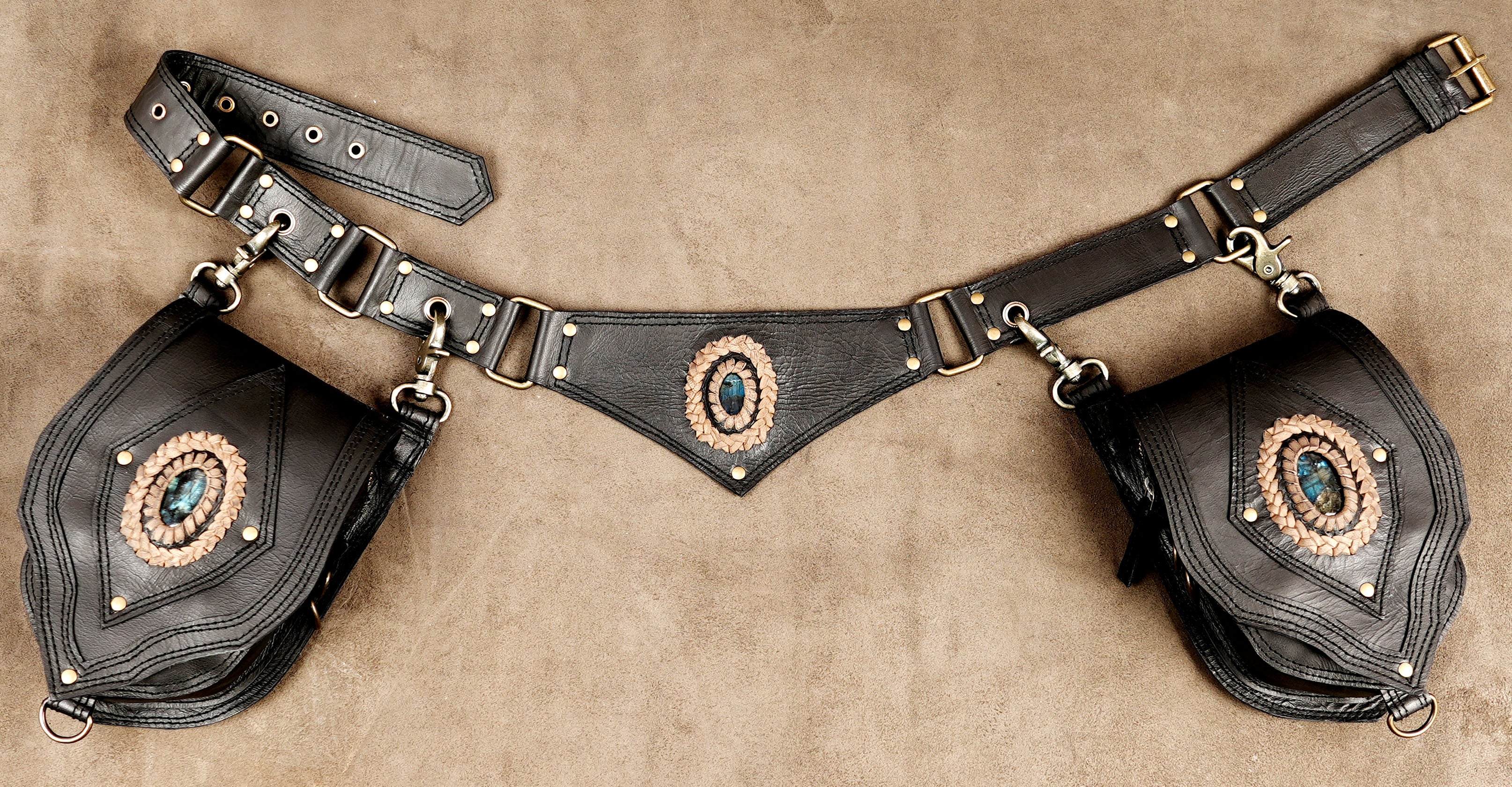 Handmade black leather double waist bag with labradorite stones