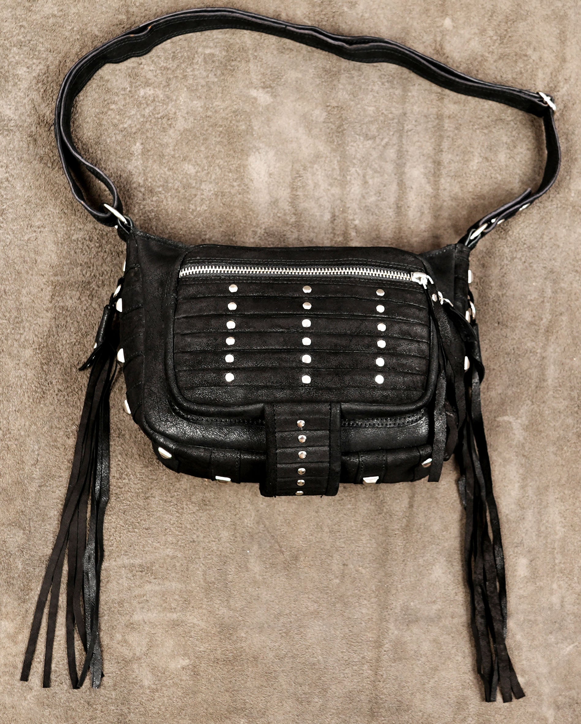 Handmade black leather fringe crossbody bag with silver studs