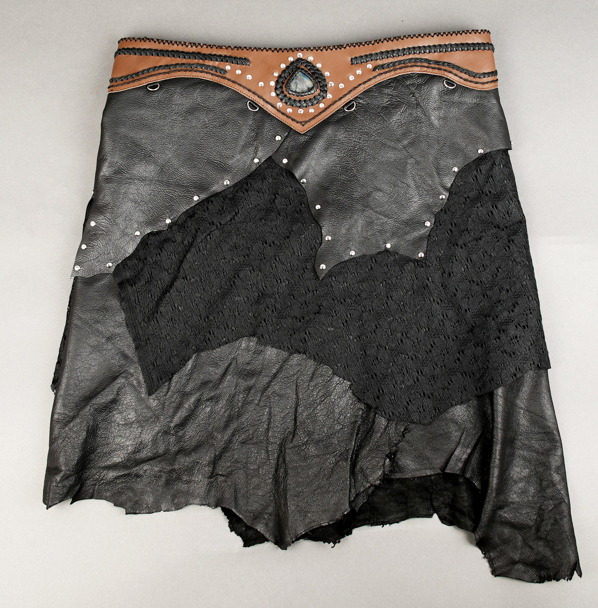 Handmade black leather layered skirt with a brown waistband and labradorite stone
