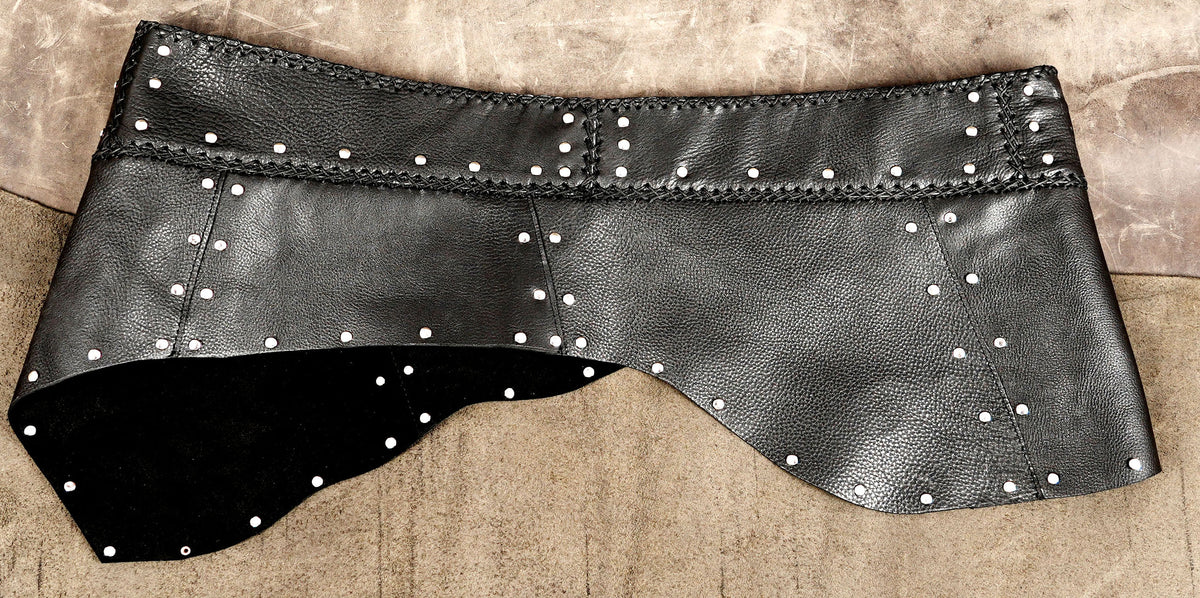 Handmade black leather mini skirt with silver-tone studs