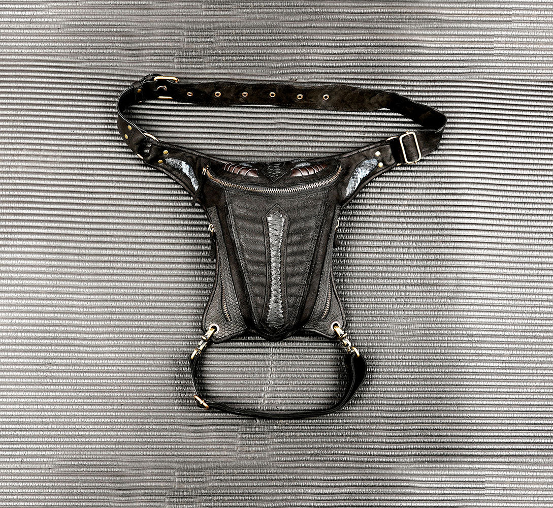 Handmade black leather thigh bag with antique brass hardware