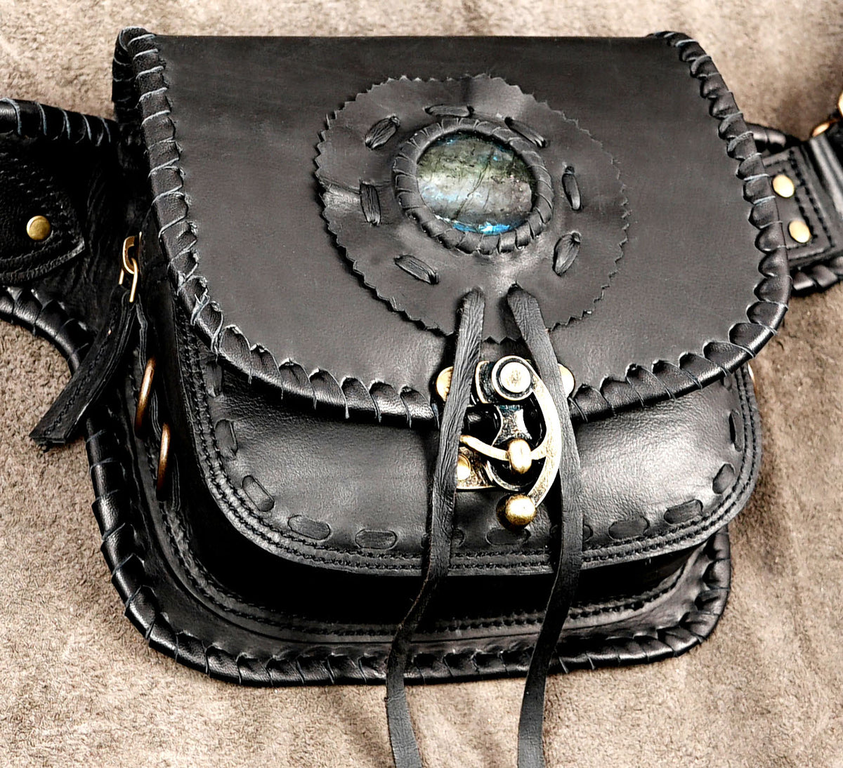 Black leather hip pouch with Natural Labradorite festival belt