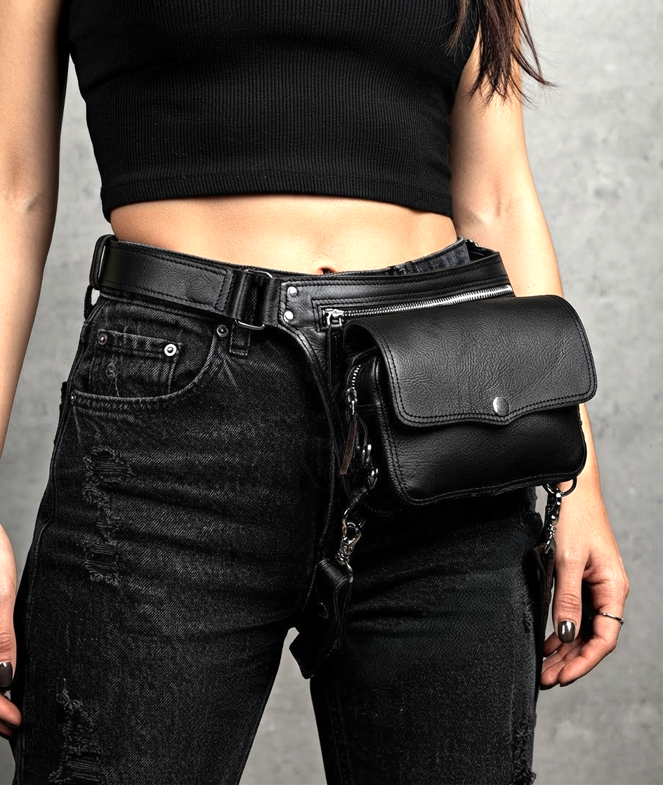 Handmade black leather waist and thigh bag with adjustable straps