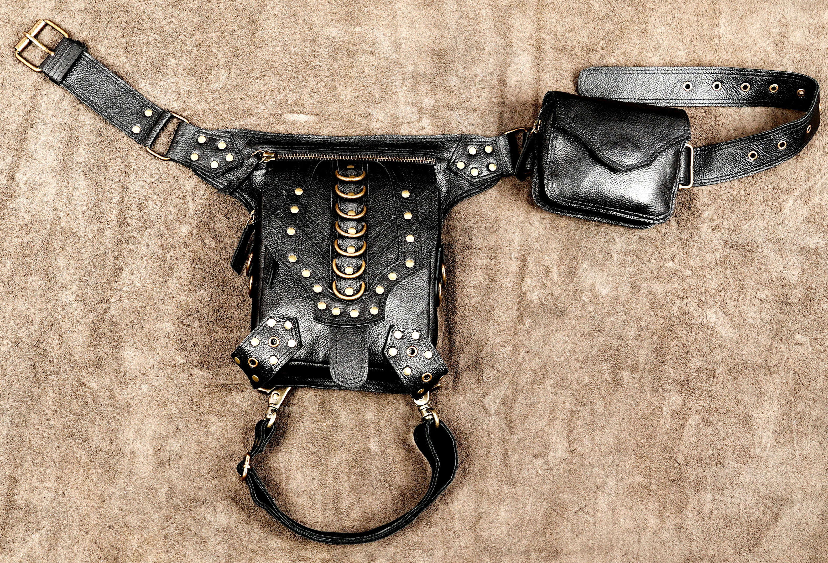 Handmade black leather waist and thigh belt bag with antique brass studs