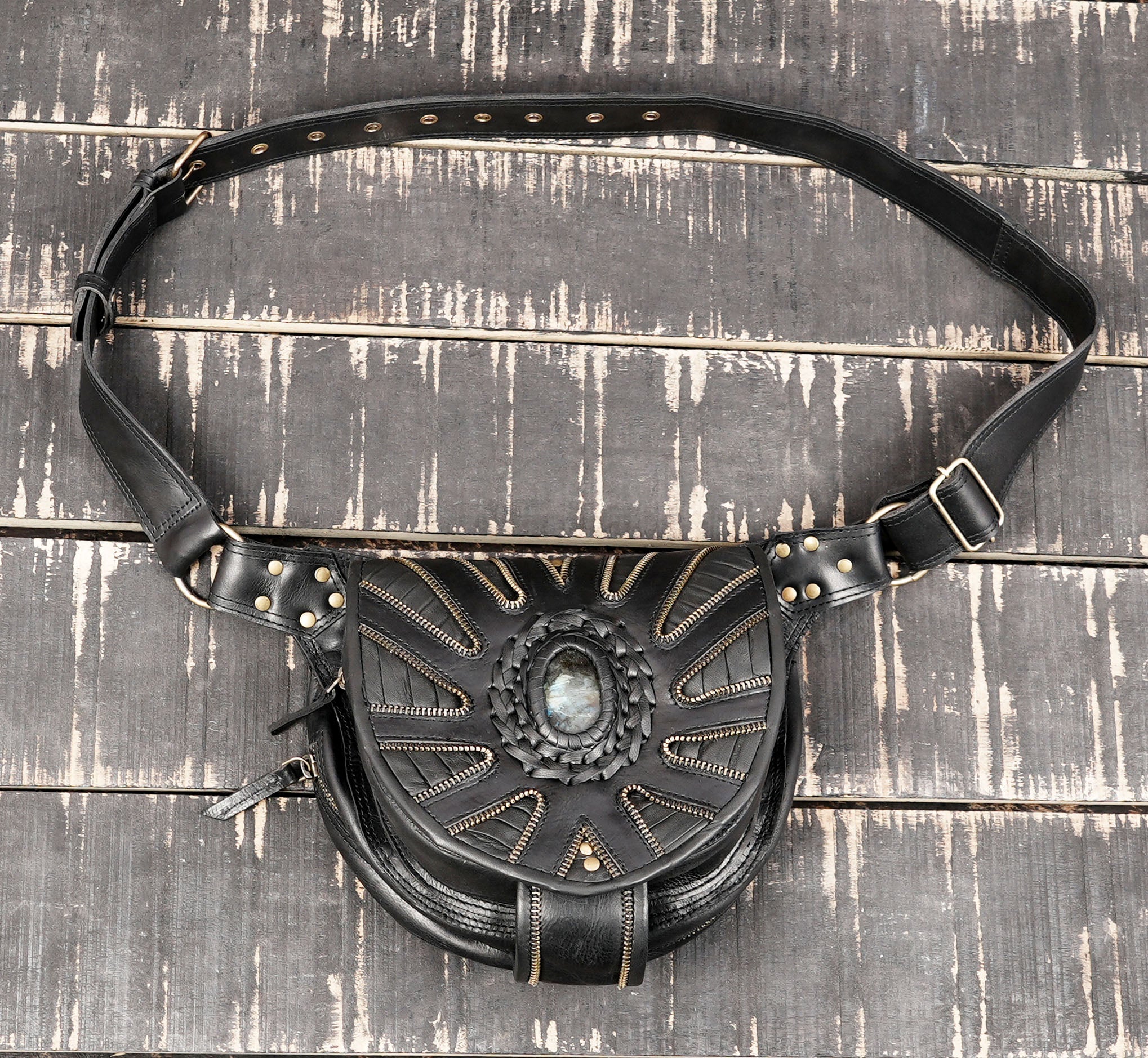 Handmade black leather waist bag with Labradorite gemstone