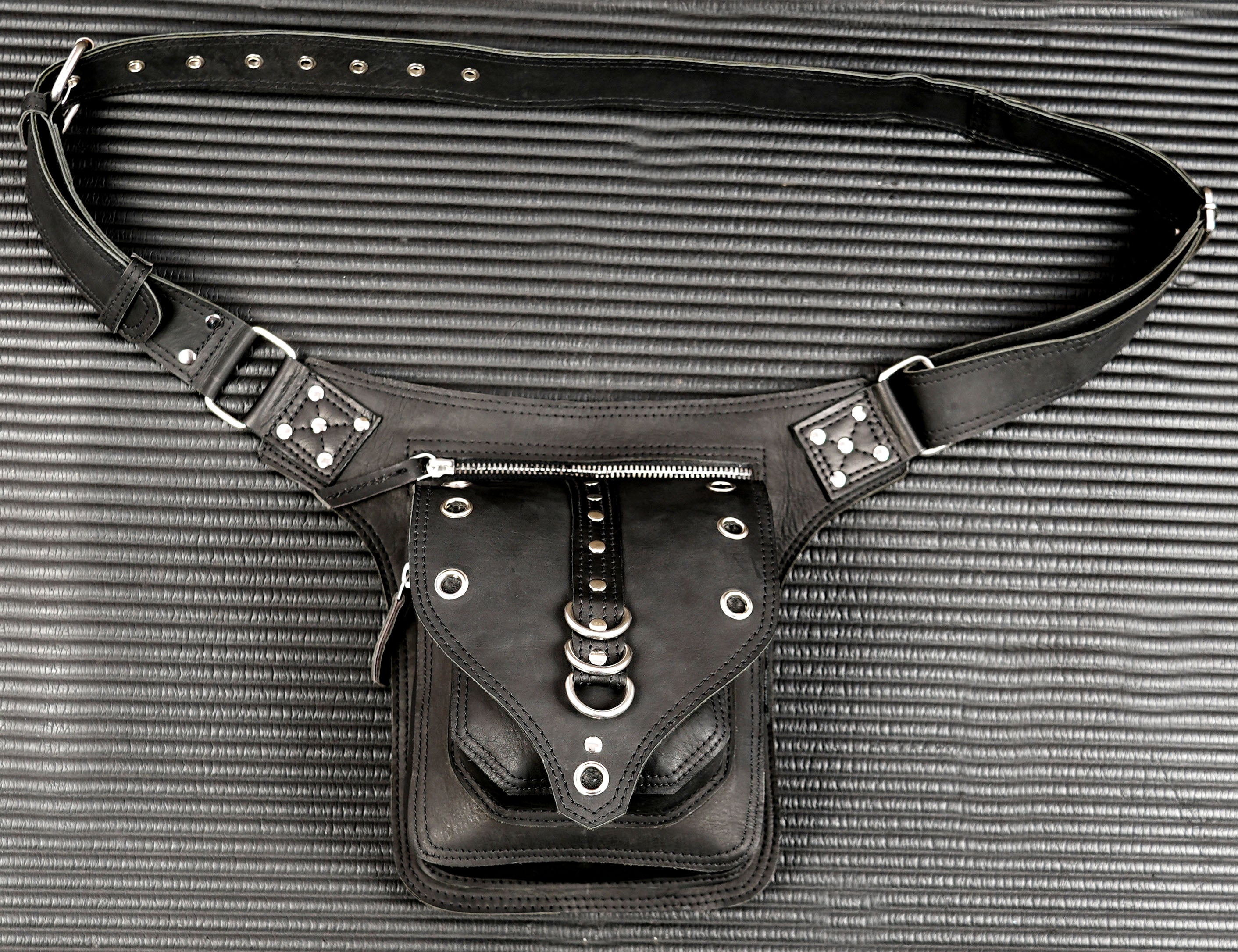 Handmade black leather waist belt bag with antique brass hardware