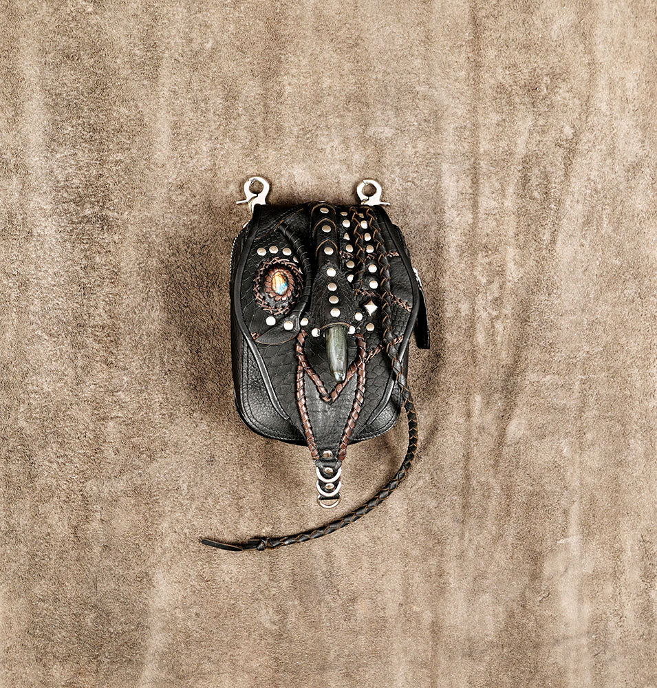 Handmade black leather waist belt bag with gemstone details