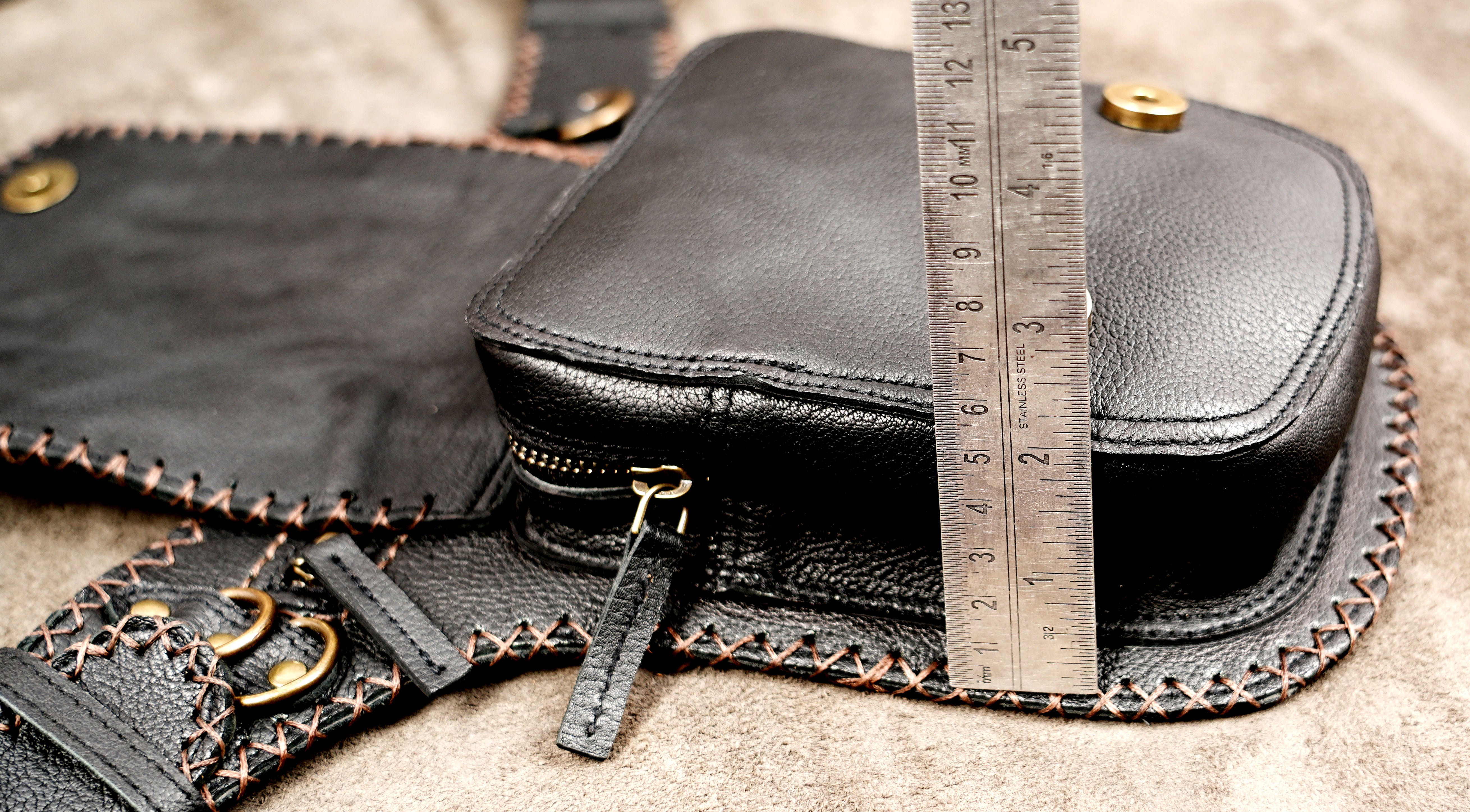 Handmade boho leather pouch with gemstone and brass stud accents