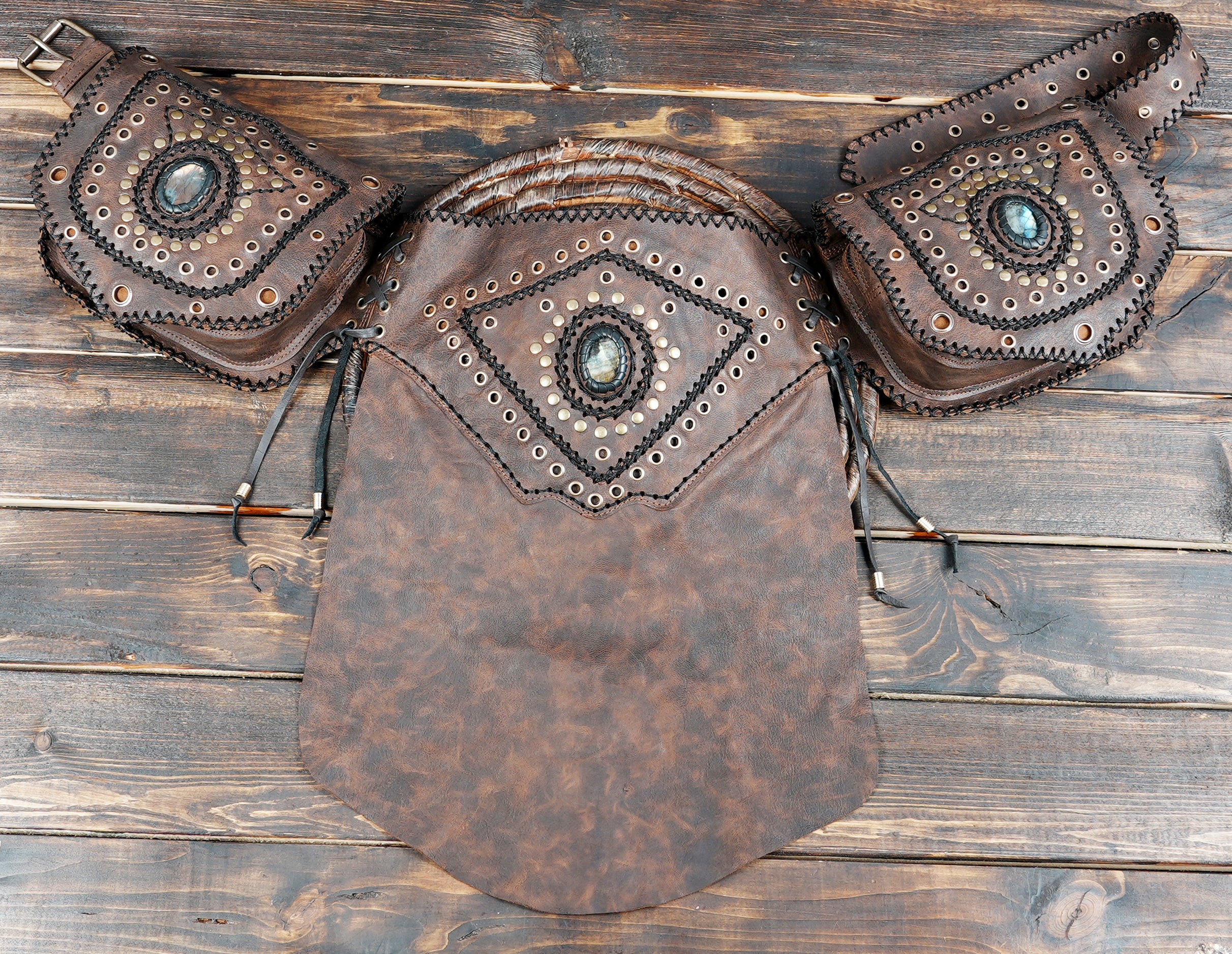 Handmade brown leather tribal skirt with triple labradorite stones