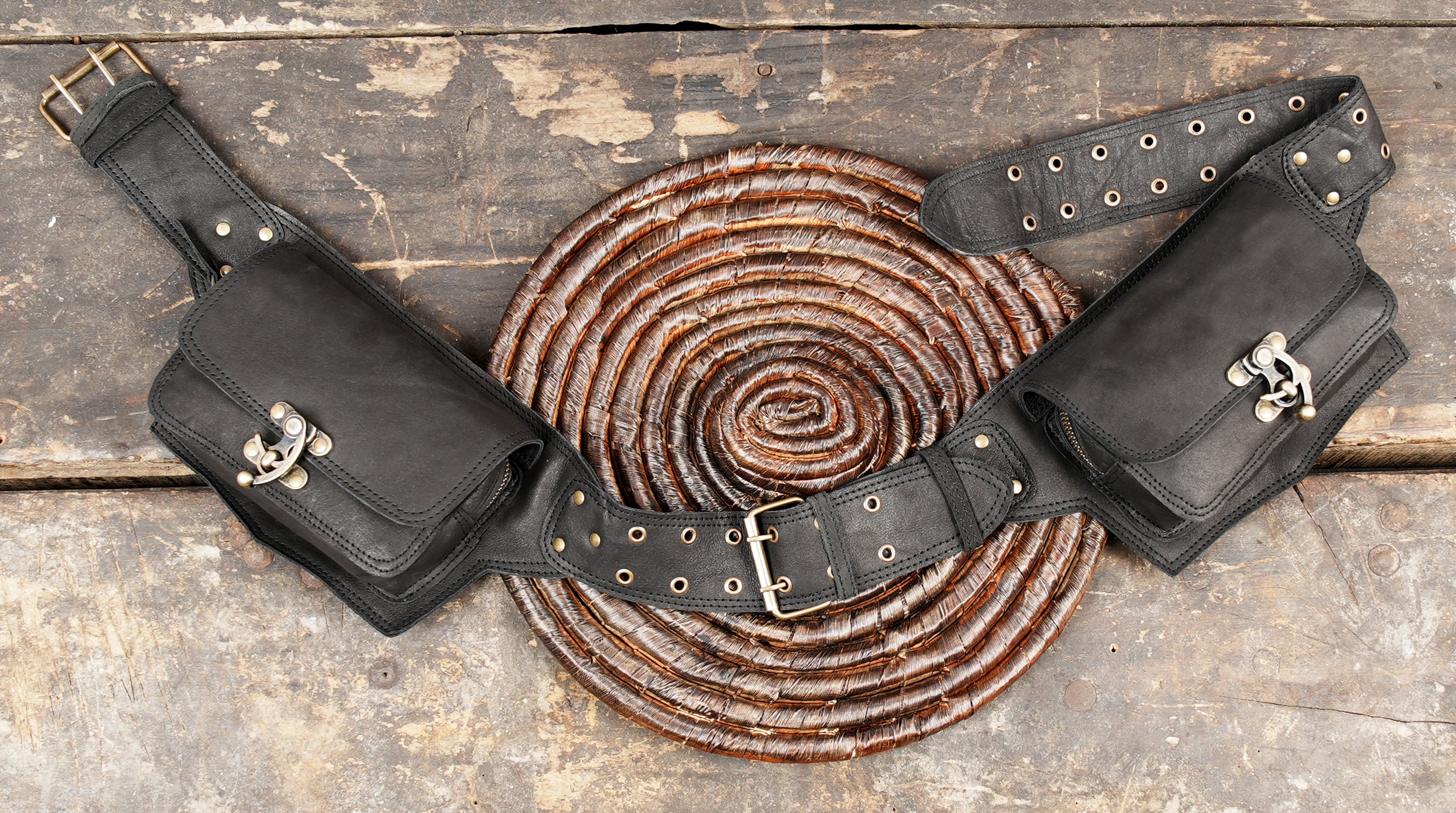Handmade distressed leather utility belt with double side pockets