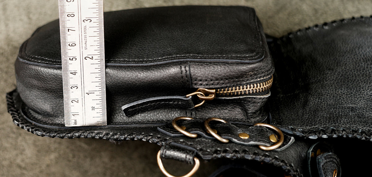Handmade leather cosplay holster with geometric stitch pattern