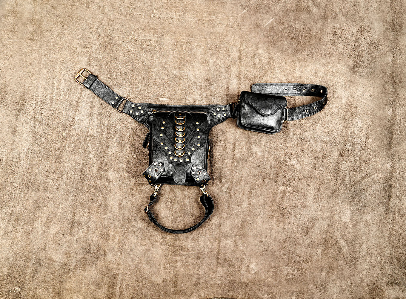 Handmade leather festival belt bag with adjustable leg strap