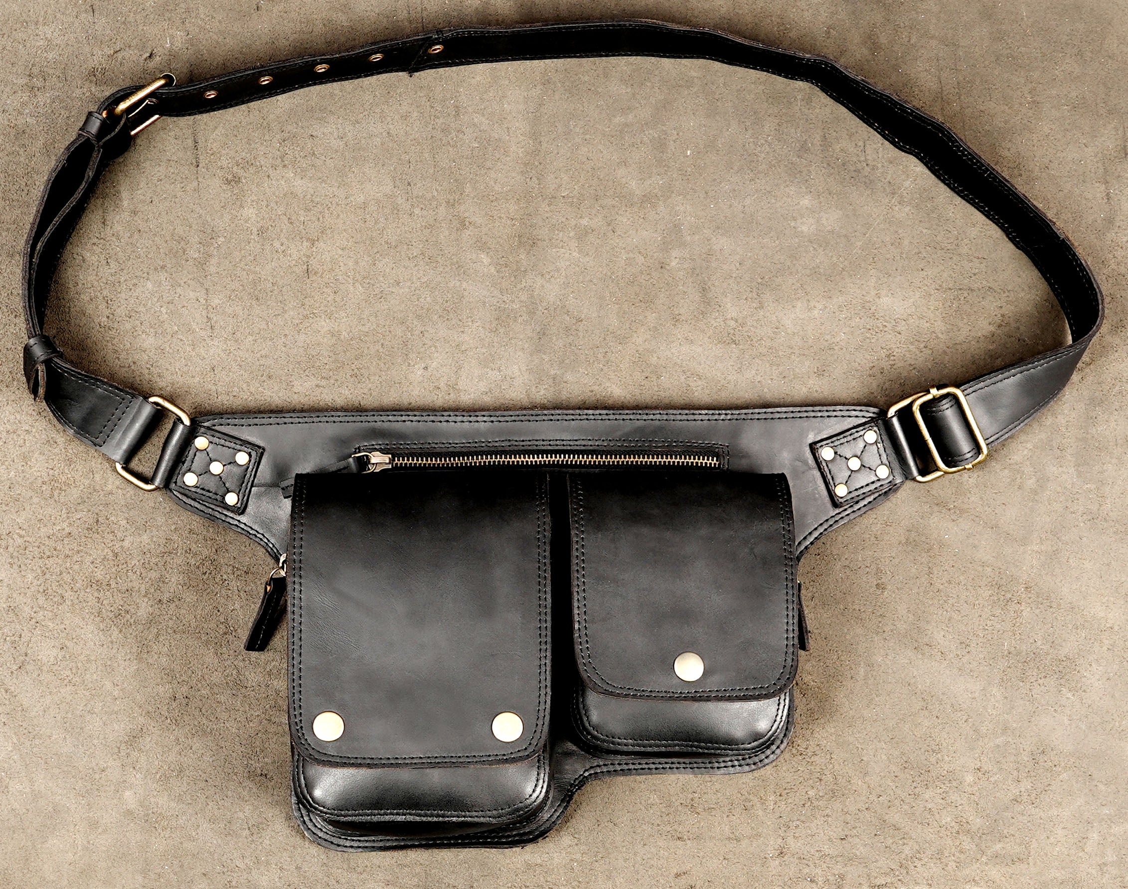 Handmade leather hip bag with adjustable buckle strap