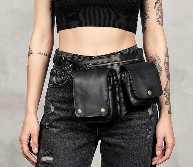 Handmade leather hip bag with adjustable buckle strap