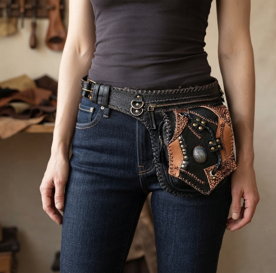 Handmade leather hip bag with natural stone and braided leather detail