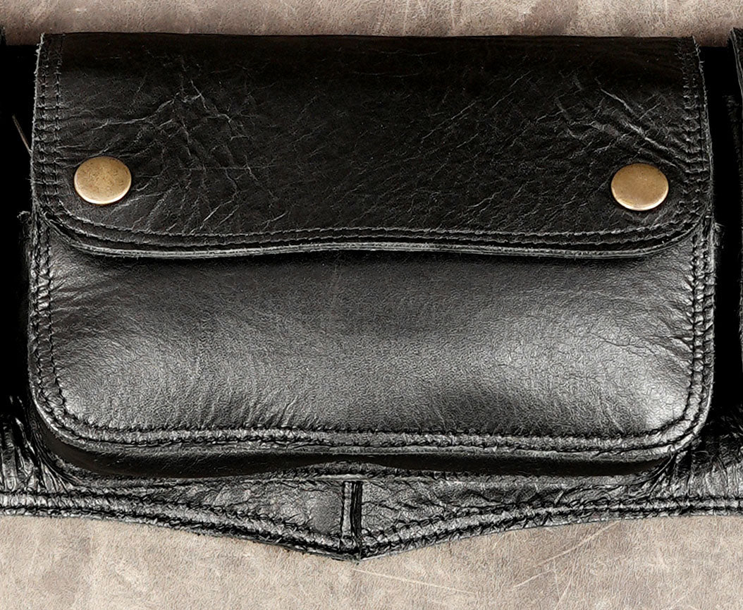 Handmade leather hip bag with secure flap pockets