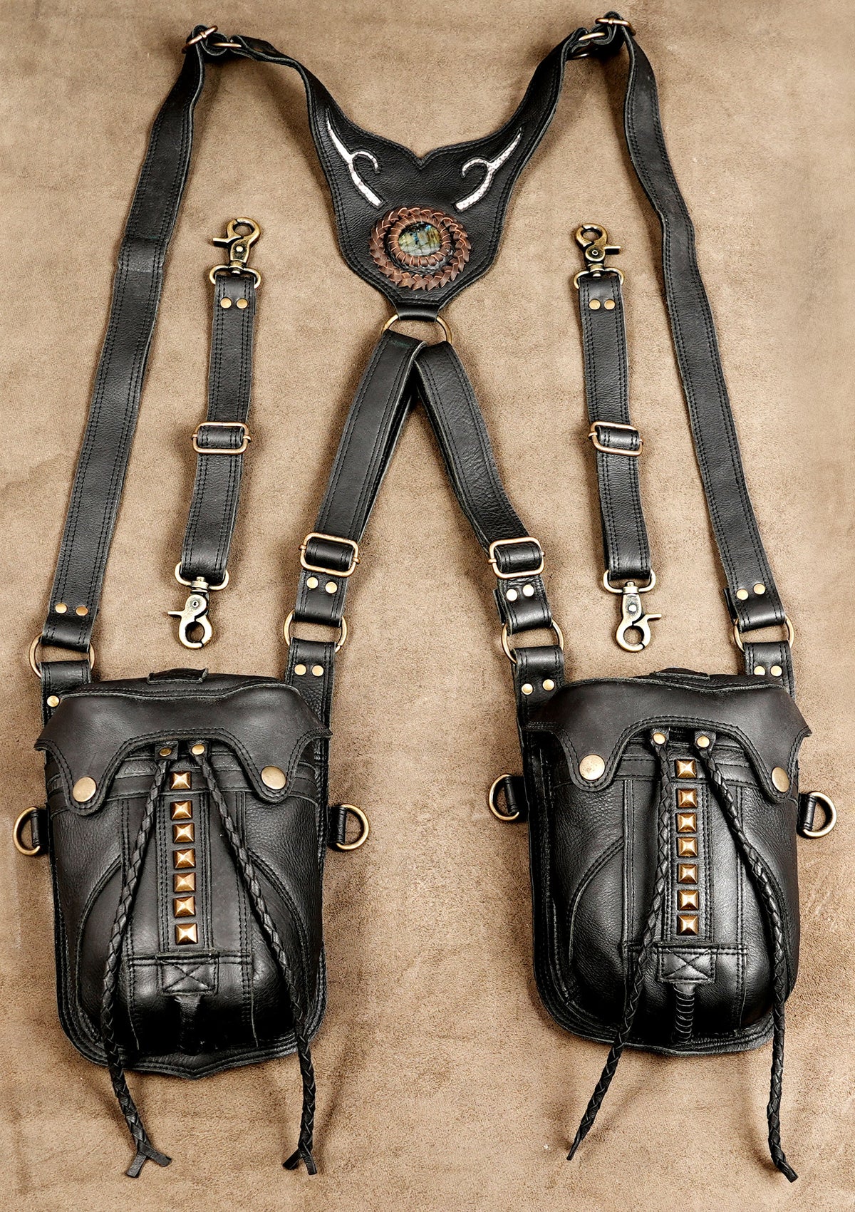 Handmade leather holster harness bag with double studded pouches