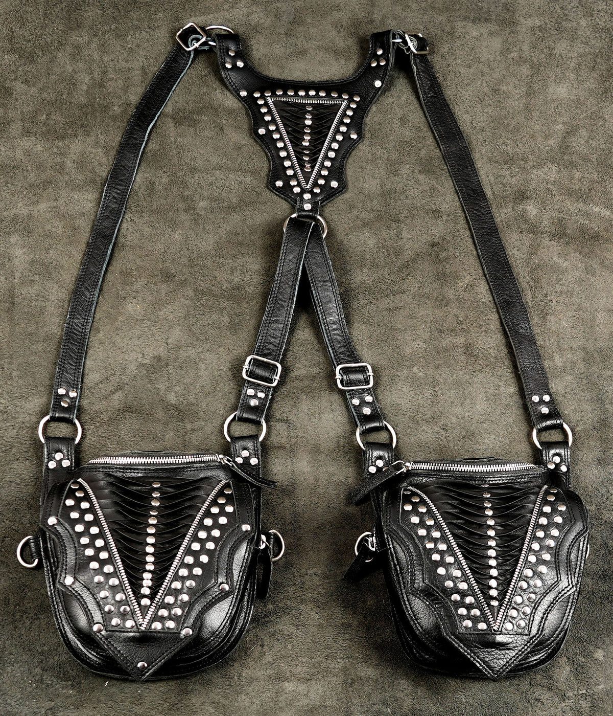 Handmade leather holster harness with double studded pockets