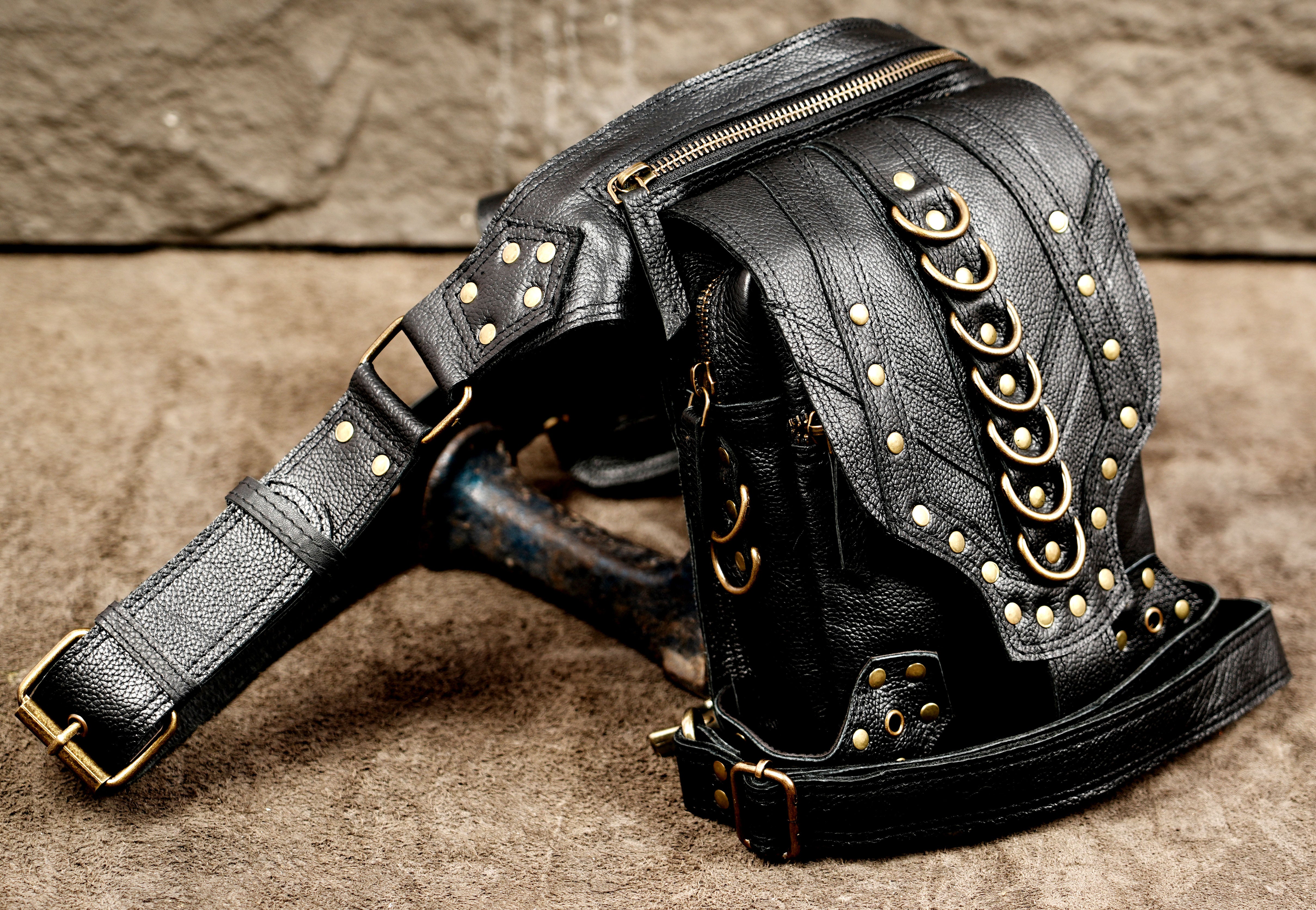 Handmade leather leg bag with secure zipper compartments