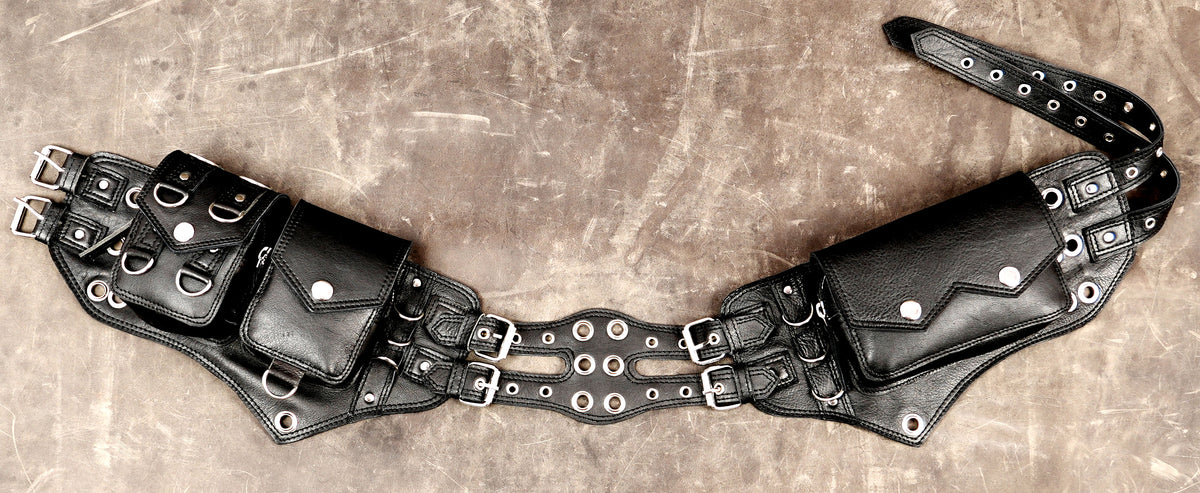 Handmade leather utility belt with double multi pocket bags