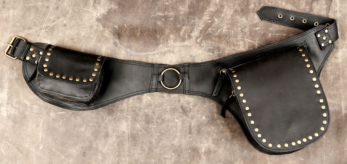 Handmade leather utility belt with double studded pockets