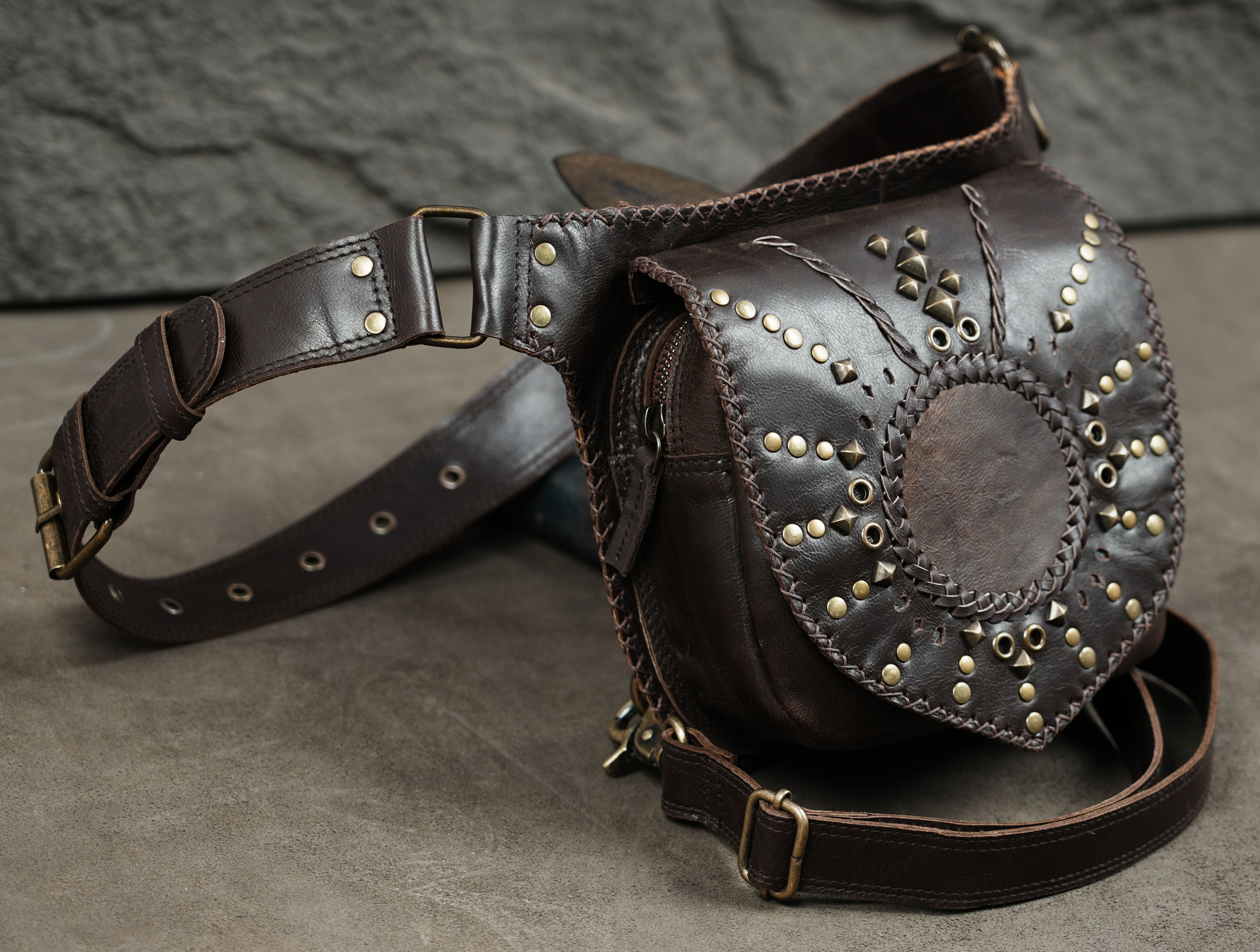 Handmade leather utility waist bag for festivals and outdoor travel