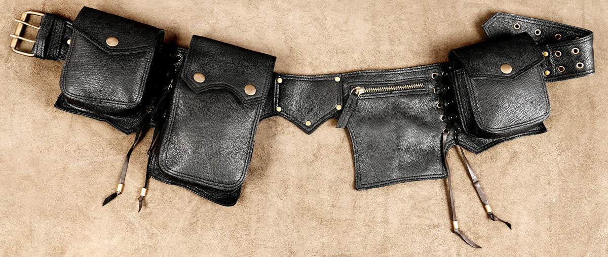 Handmade leather utility waist belt with five pockets