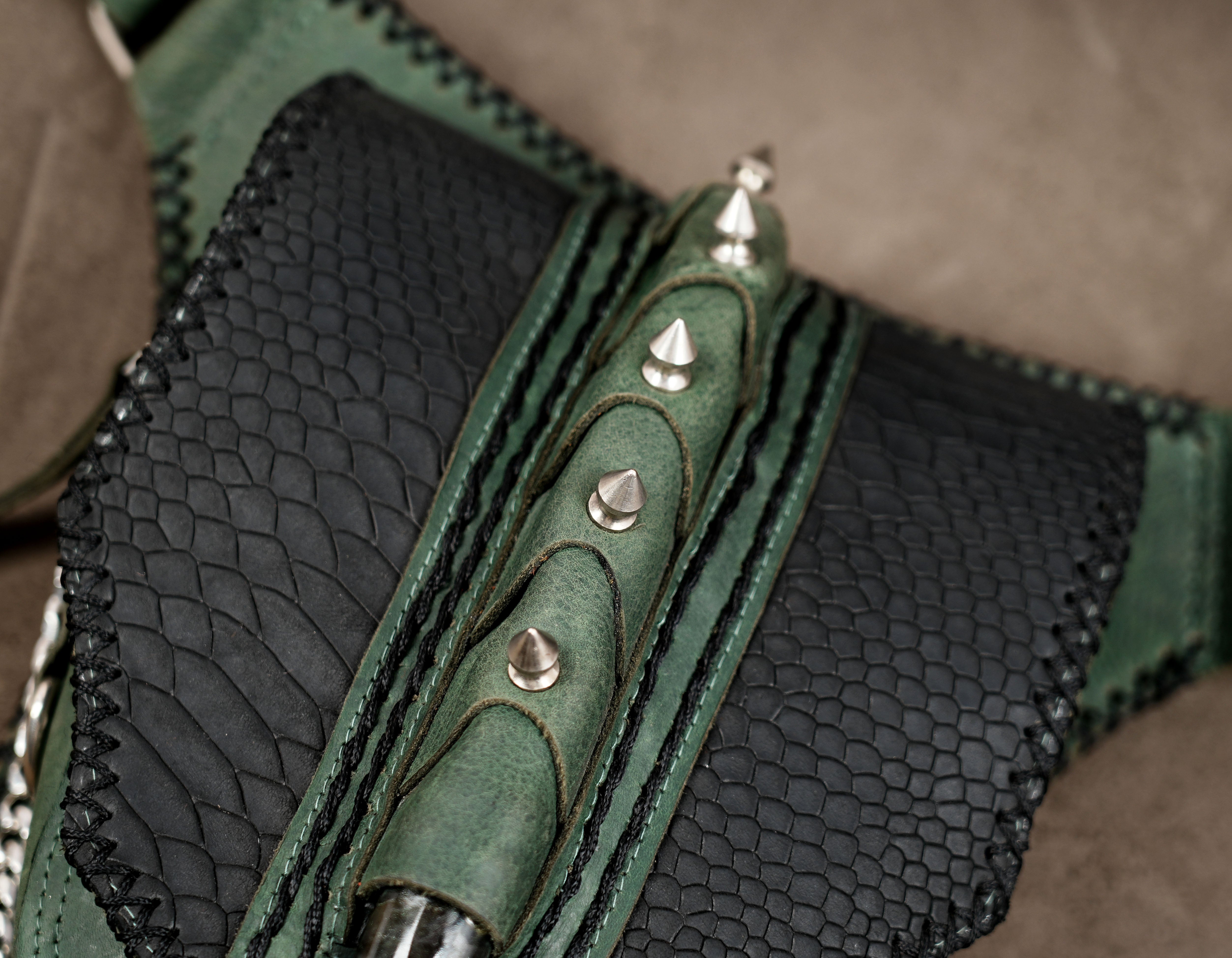 Handmade leather waist bag with decorative chain