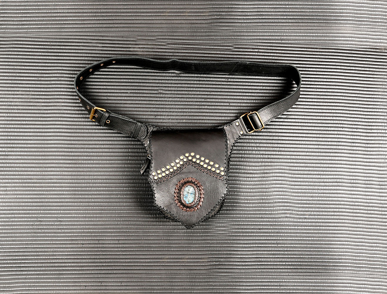 Handmade black leather waist belt bag with labradorite stone