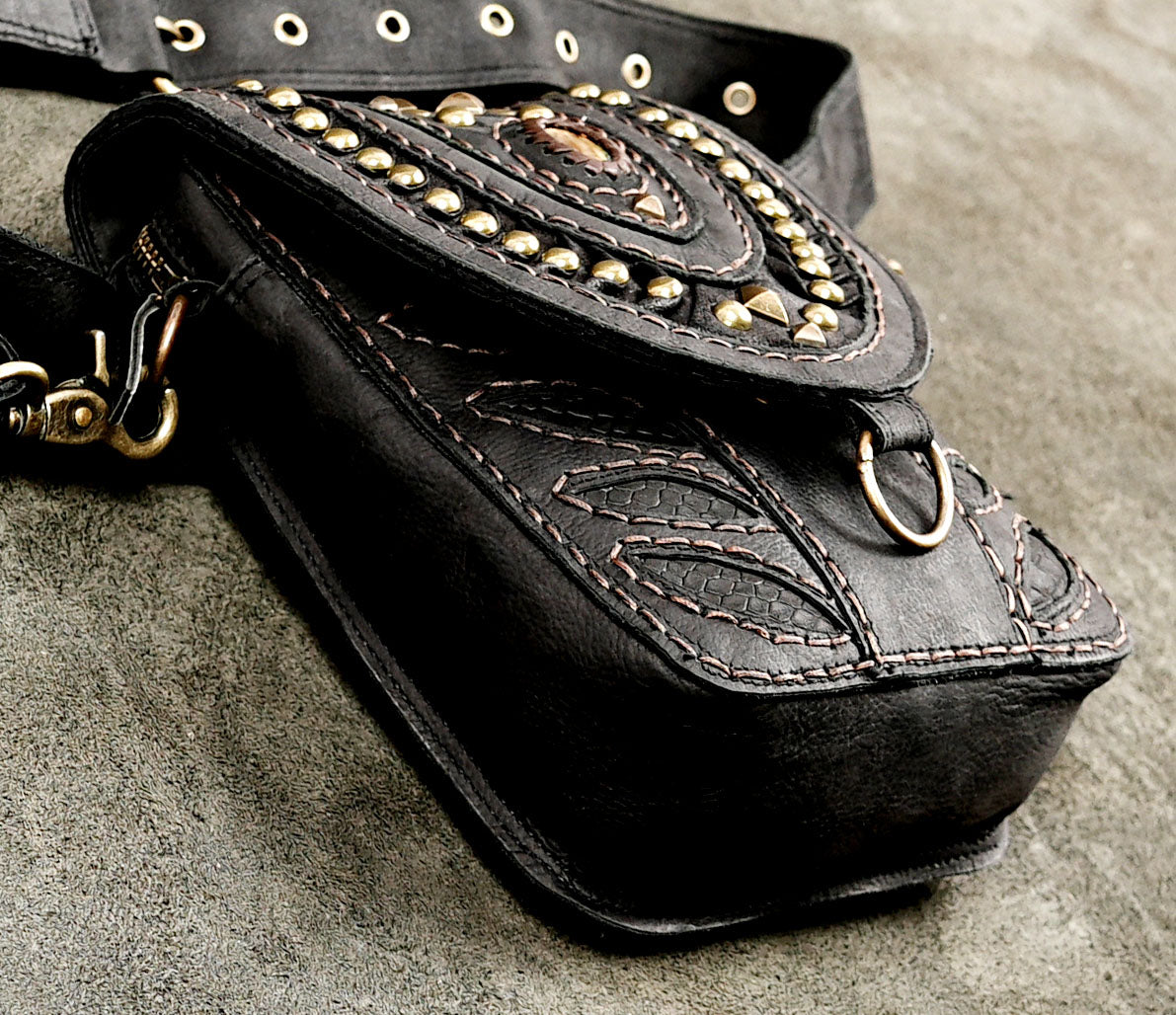 Black genuine leather hip bag with pink contrast stitching and brass rivets
