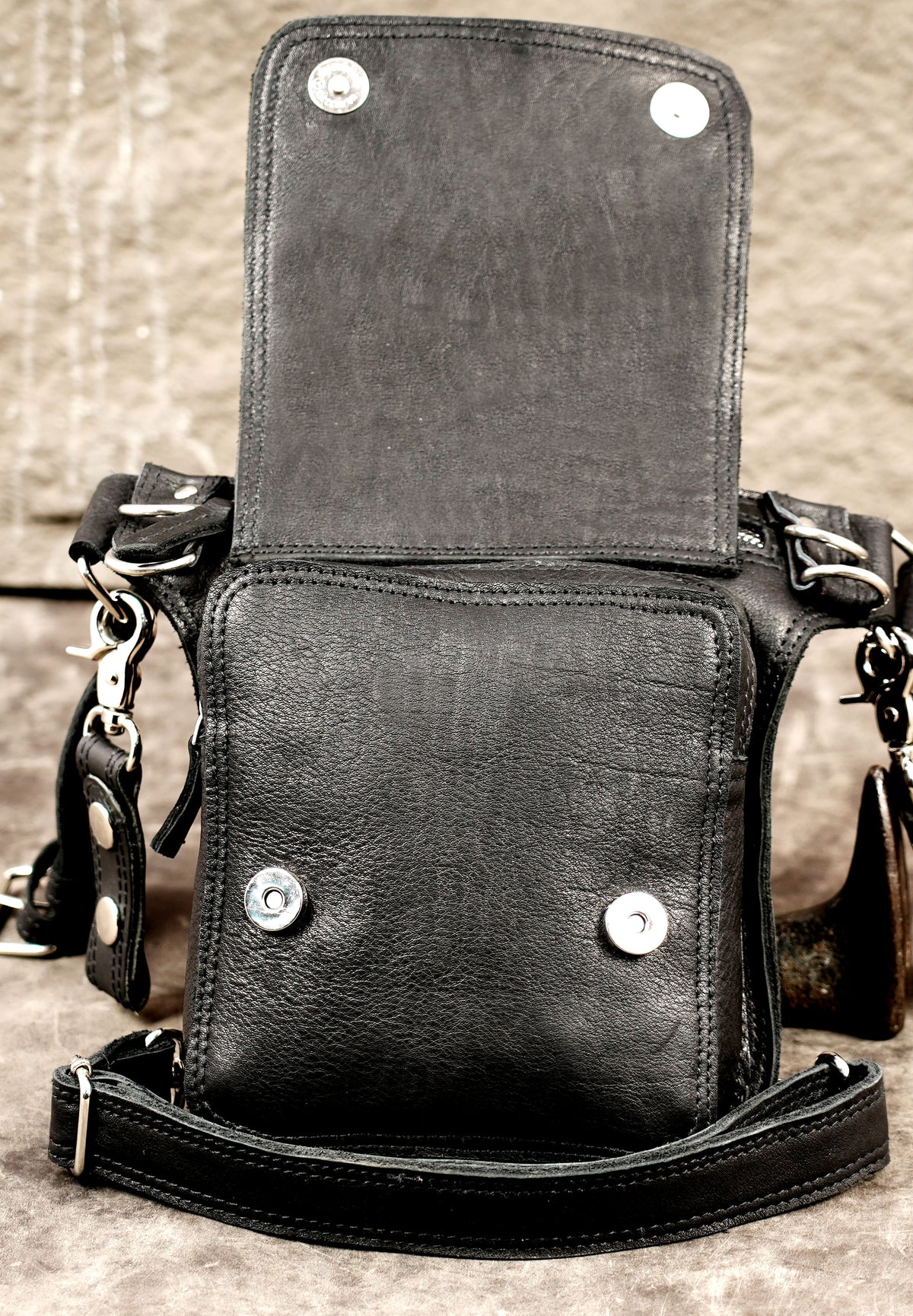 Handmade travel belt bag with a roomy front flap compartment