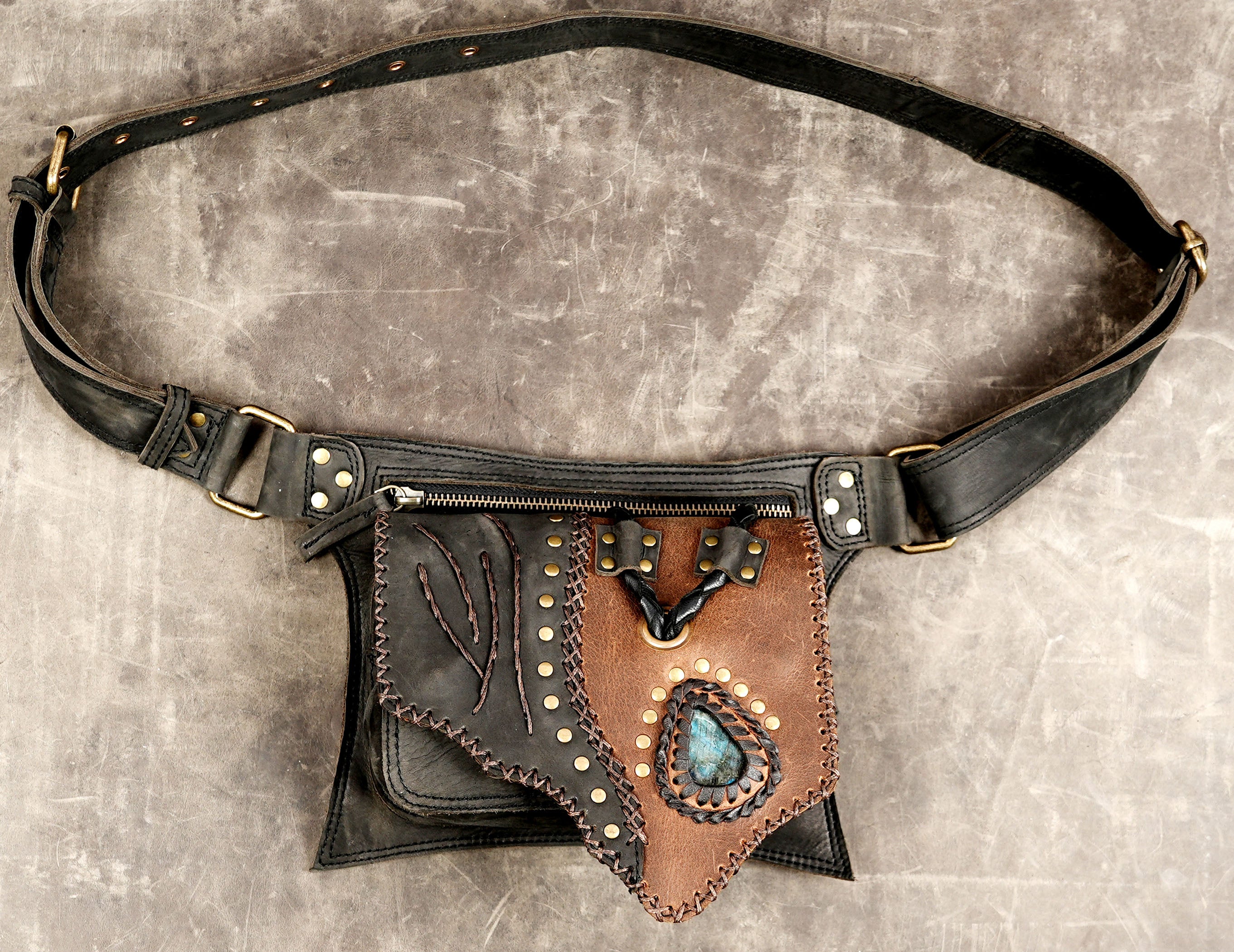 Handmade two-tone leather waist belt bag with labradorite stone