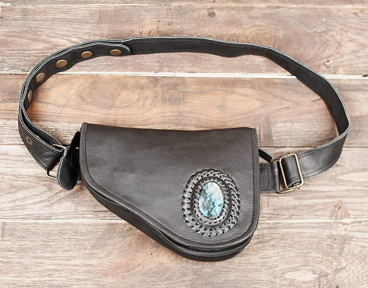 Handmade white leather hip bag with labradorite stone detail