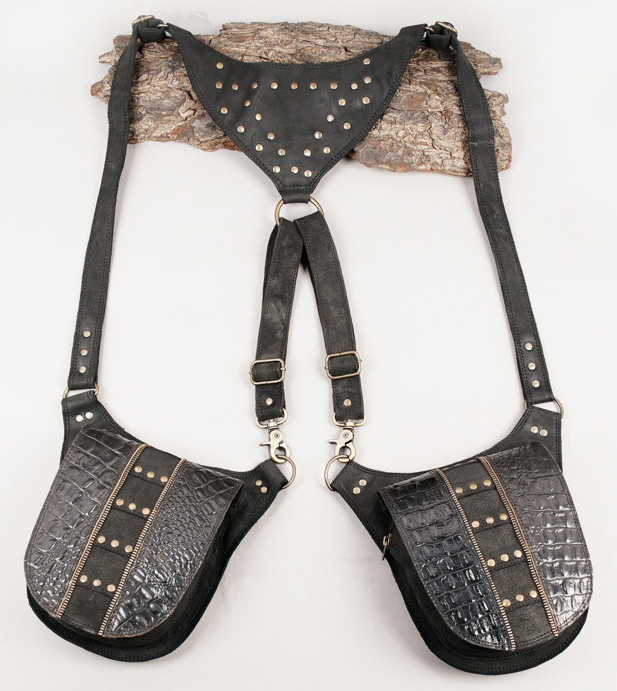 Gothic steampunk dual pocket leather chest harness