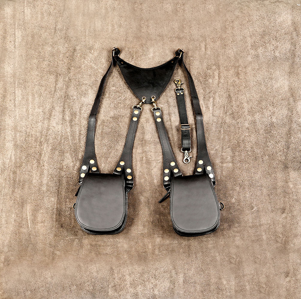 Black Leather Dual Holster Bag Unisex Festival Shoulder Harness