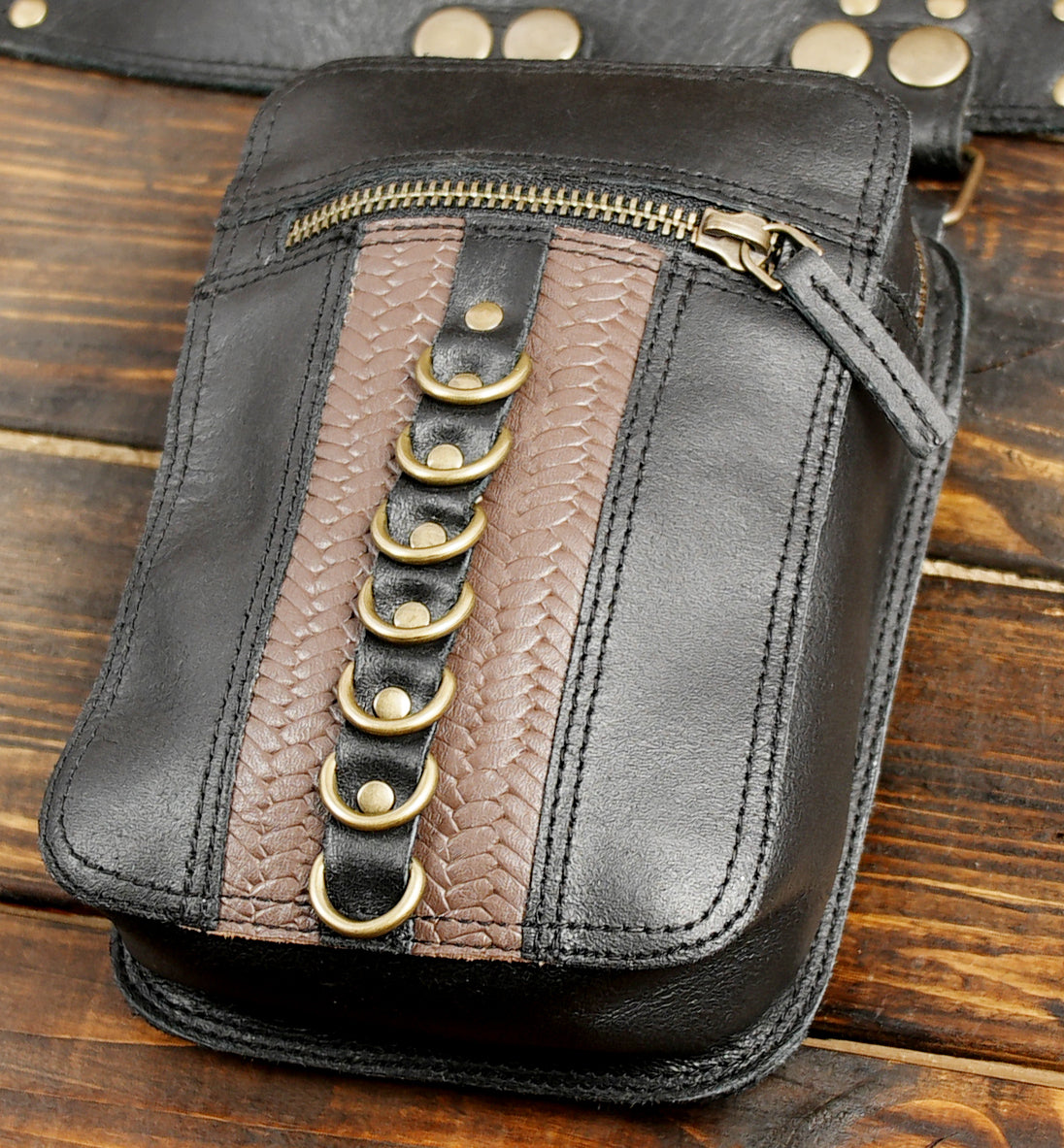 Multi-pocket black leather utility harness for cosplay and streetwear