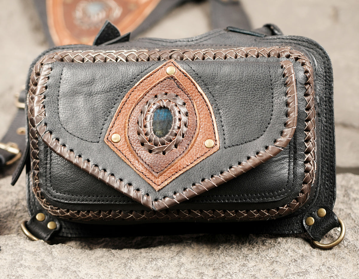 Handmade black leather holster set with adjustable shoulder straps